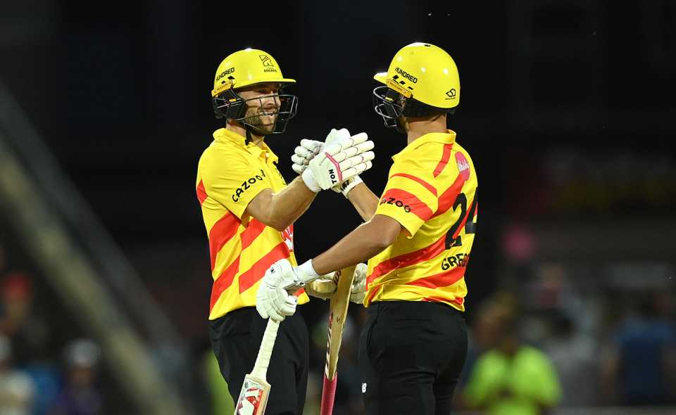 Dawid Malan is congratulated by captain Lewis Gregory after hitting the winning runs, Northern Superchargers vs Trent Rockets, Men's Hundred, Headingley, August 9, 2022