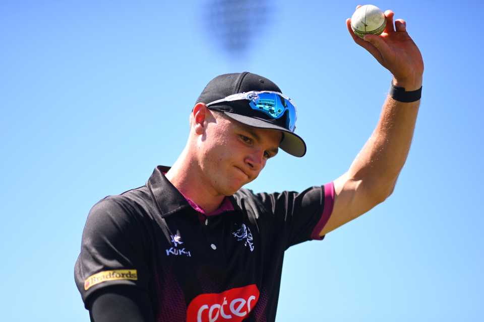 Sonny Baker celebrates a career-best six wickets for Somerset, Somerset v Durham, Royal London Cup, Taunton, August 10, 2022
