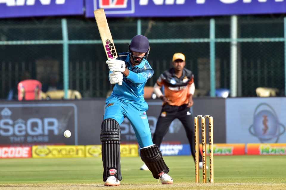 Devdutt Padikkal punches one down the ground, Maharaja T20 Trophy 2022, Hubli Tigers v Gulbarga Mystics, Mysore, August 12, 2022 