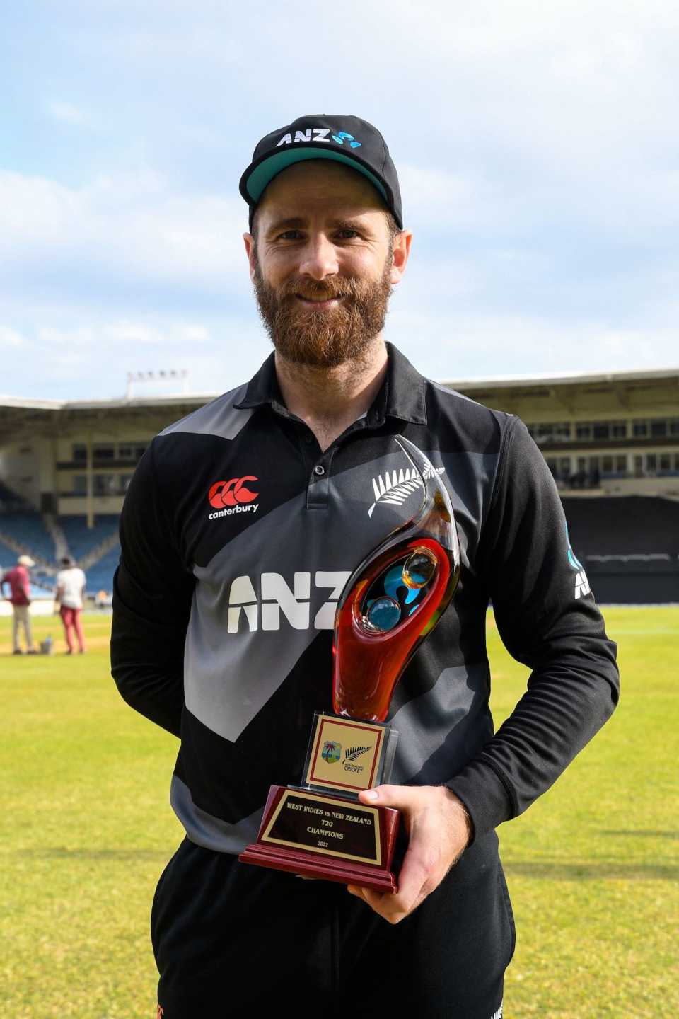 Kane Williamson poses with the T20I series trophy, West Indies vs New Zealand, 3rd T20I, Kingston, August 14, 2022
