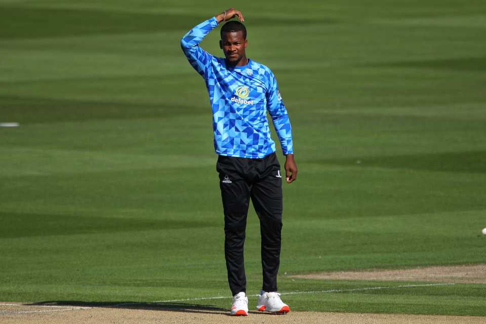 Delray Rawlins looks confused, Sussex v Middlesex, Vitality Blast, September 18, 2020
