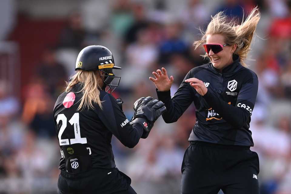Sophie Ecclestone provided the crucial breakthrough of Hayley Matthews, Manchester Originals vs Welsh Fire, The Women's Hundred, Emirates Old Trafford, August 16, 2022