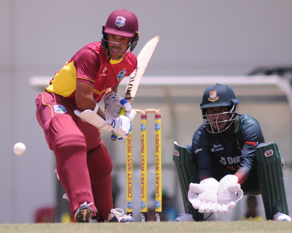 Tagenarine Chanderpaul gets ready to face a ball as wicketkeeper Jaker Ali looks on, West Indies A vs Bangladesh A, 1st unofficial ODI, Gros Islet, August 16, 2022