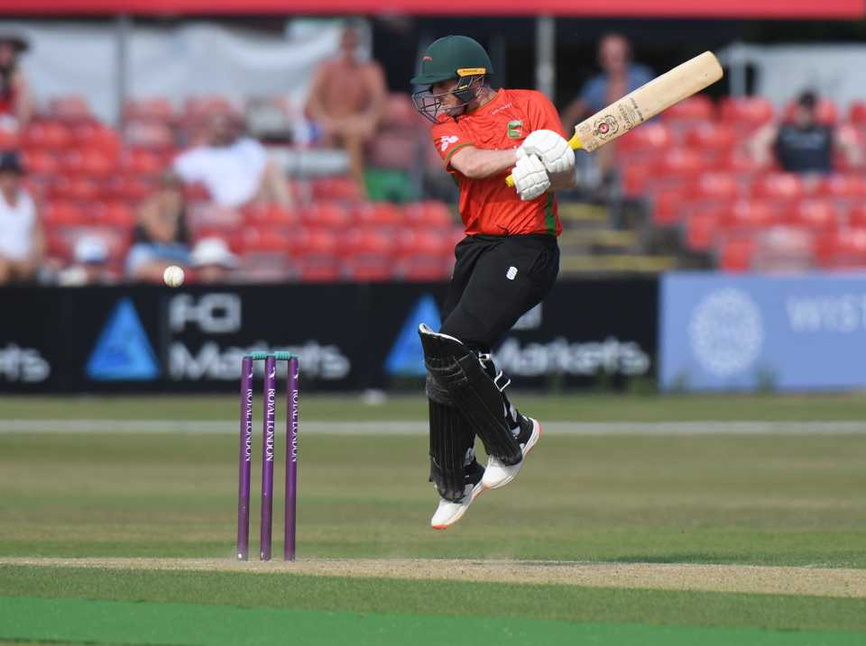 Lewis Hill of Leicestershire bats, Leicestershire vs Derbyshire, Royal London Cup, Uptonsteel County Ground, July 22, 2021