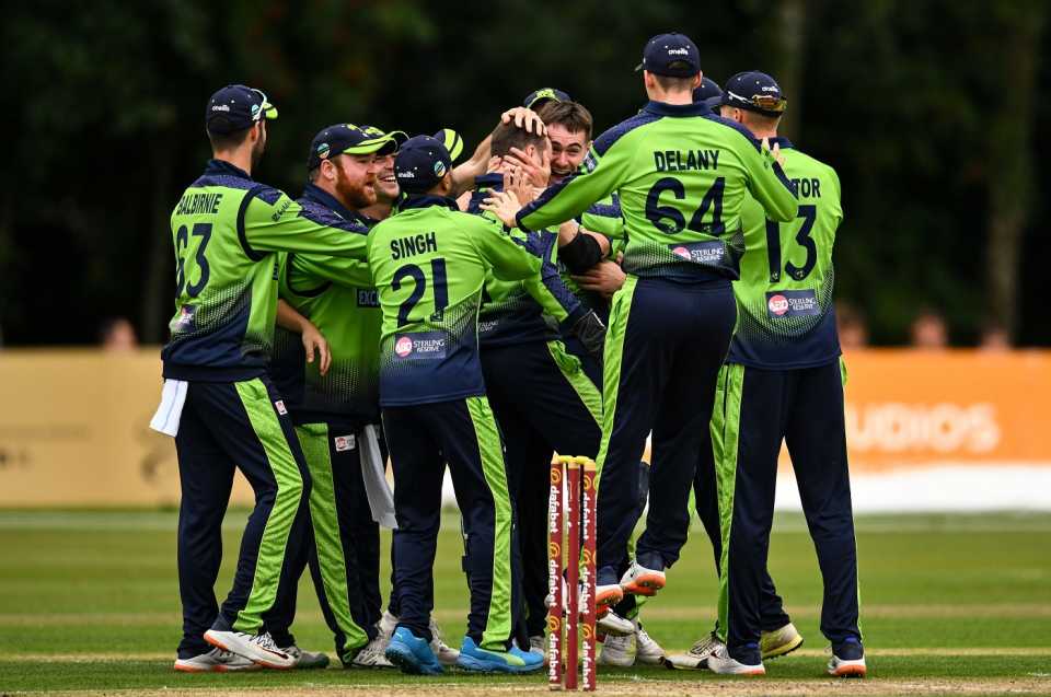 Ireland players celebrate a wicket