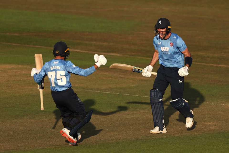 Grant Stewart celebrates after hitting the last ball for six to win the match, Kent v Yorkshire, Royal London Cup, Canterbury, August 19, 2022