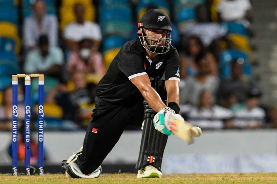 Daryl Mitchell used the reverse sweep regularly and to good effect, West Indies vs New Zealand, 3rd ODI, Bridgetown, August 21, 2022
