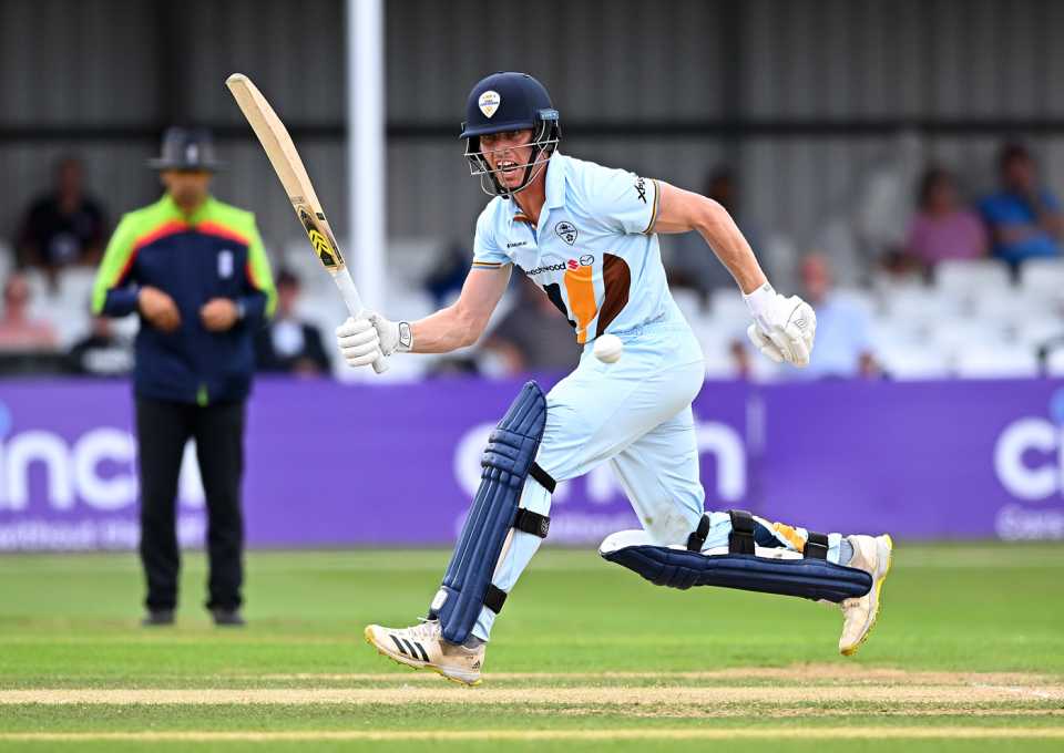 Luis Reece dashes a single in Derbyshire's run chase, Northamptonshire v Derbyshire, Royal London Cup, Northampton, August 23, 2022