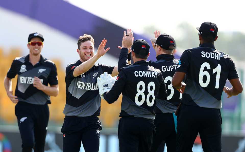 Adam Milne celebrates a wicket with his team-mates
