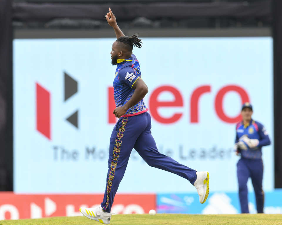 Kyle Mayers picked up four wickets in his first two overs, Barbados Royals vs St Lucia Kings, CPL 2022, Basseterre, September 4, 2022
