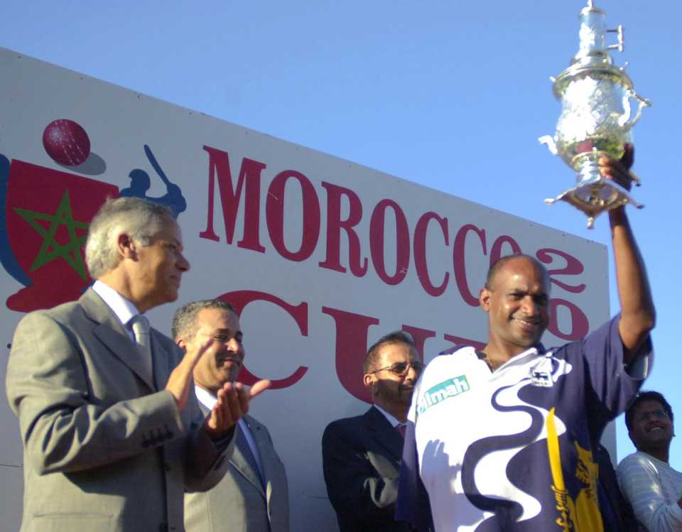 Sanath Jayasuriya with the Morocco Cup, South Africa v Sri Lanka, final, Tangier, August 21, 2002