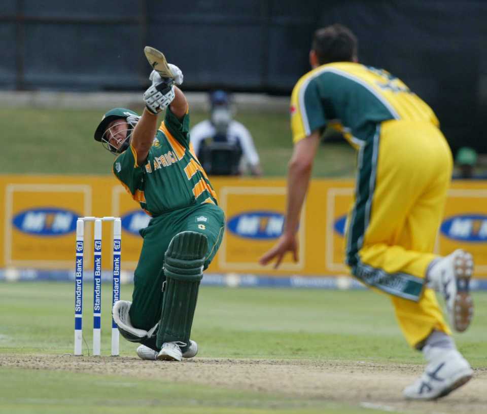 Jaques Kallis of South Africa hits out during the South Africa v Australia One Day International played at Port Elizabeth, South Africa, April 6, 2002