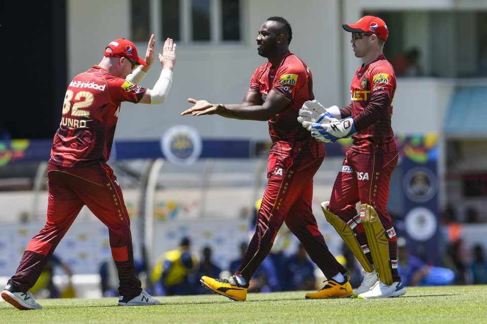 Andre Russell celebrates a wicket with his team-mates, Trinbago Knight Riders vs Barbados Royals, CPL 2022, St Lucia, September 9, 2022