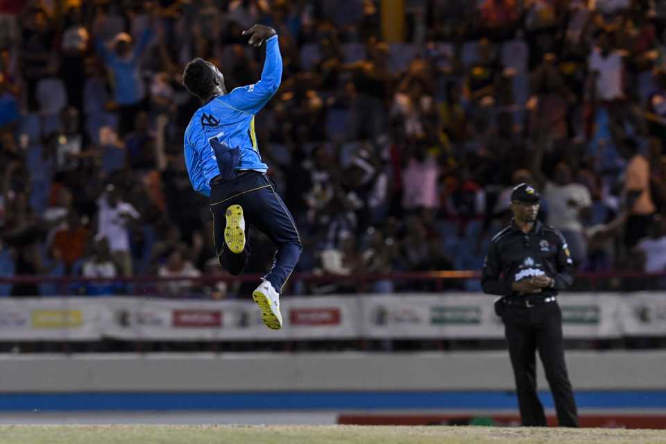 Matthew Forde leaps for joy, St Lucia Kings vs St Kitts & Nevis Patriots, Gros Islet, CPL 2022, September 11, 2022