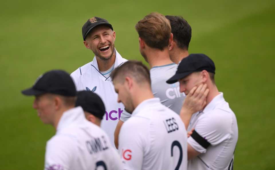 Joe Root shares a joke with Ben Stokes at the end of the third Test