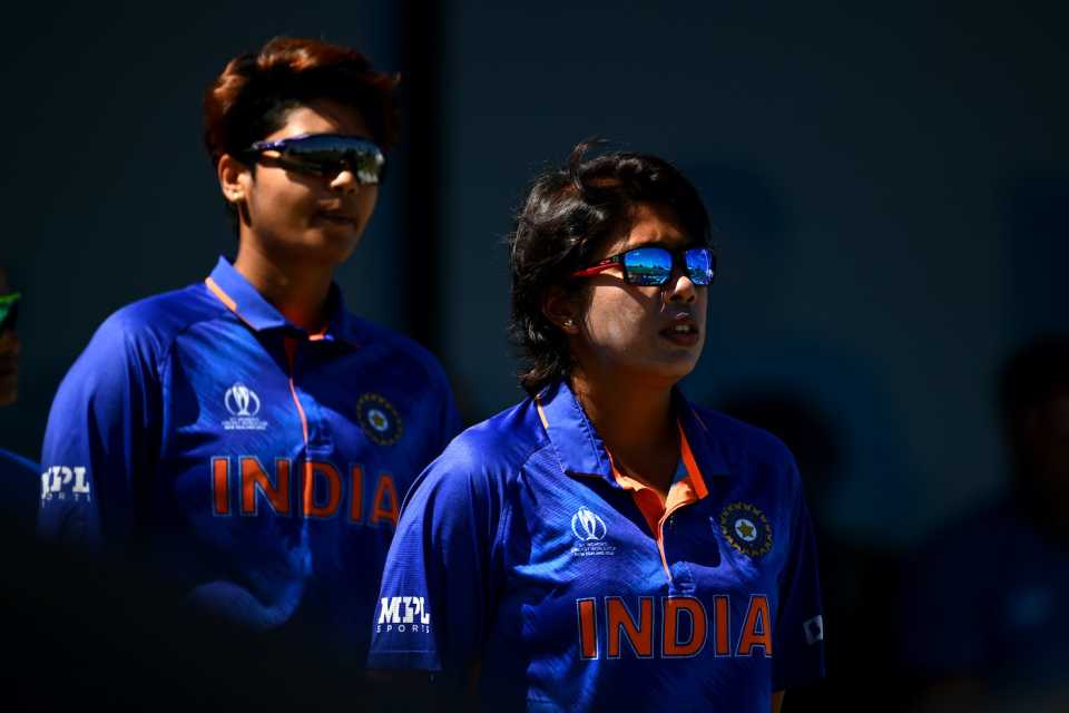 Jhulan Goswami walks out at the start of the match