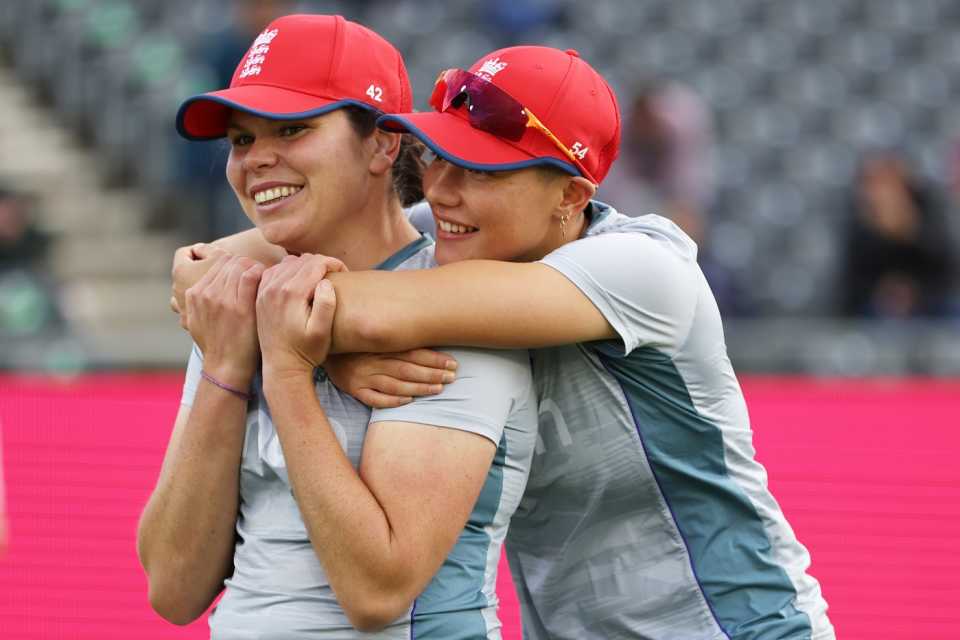 Alice Davidson-Richards and Issy Wong share a light moment before the match, England vs India, 3rd T20I, Bristol, September 15, 2022