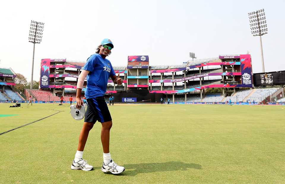 Jhulan Goswami gives a thumbs up during a warm-up session