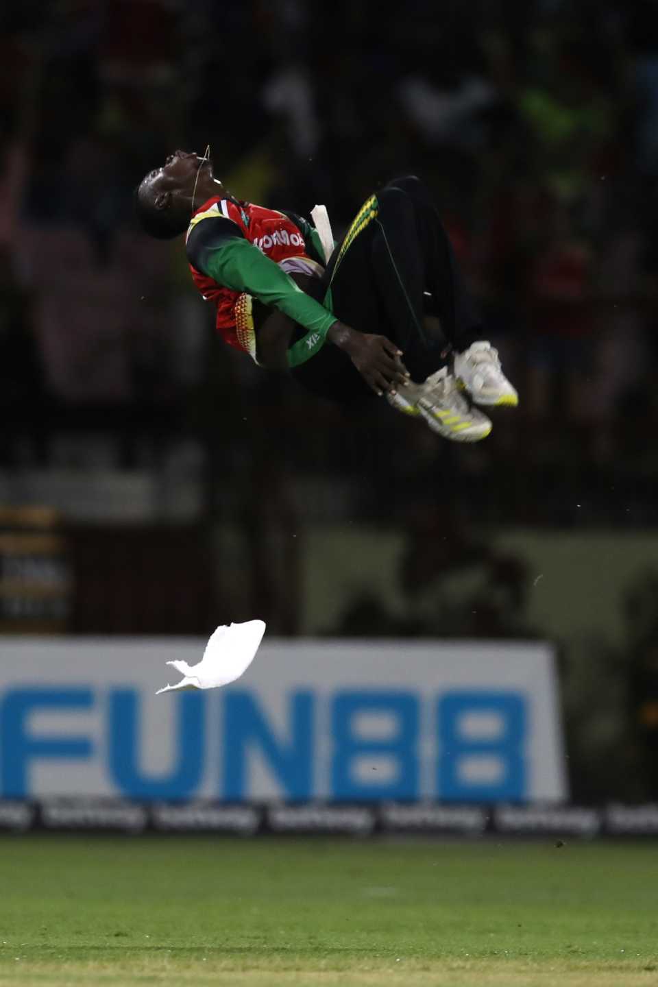 Up in the air: Junior Sinclair pulls off an acrobatic celebration, Guyana Amazon Warriors vs Trinbago Knight Riders, CPL 2022, Providence, September 24, 2022