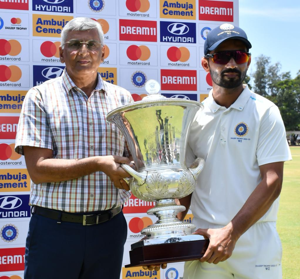 West Zone captain Ajinkya Rahane collects the Duleep Trophy