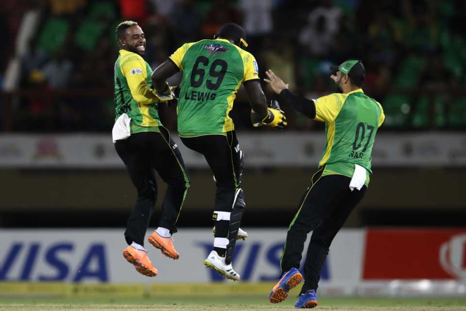 Fabian Allen, Kennar Lewis and Mohammad Nabi celebrate Faf du Plessis' wicket, Jamaica Tallawahs vs St Lucia Kings, Eliminator, Providence, CPL, September 27, 2022