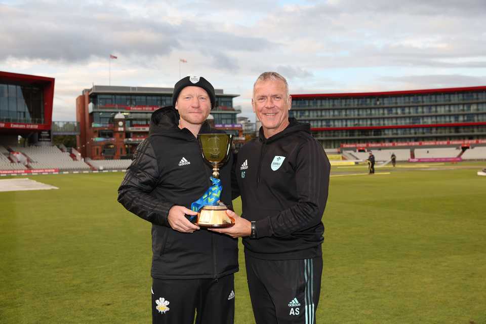 Gareth Batty and Alec Stewart pose with the Championship trophy, Lancashire vs Surrey, County Championship, Division One, Old Trafford, September 28, 2022