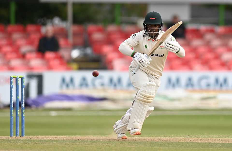 Rehan Ahmed pushes into the off side, Leicestershire vs Middlesex, LV= County Championship, Grace Road, September 21, 2022