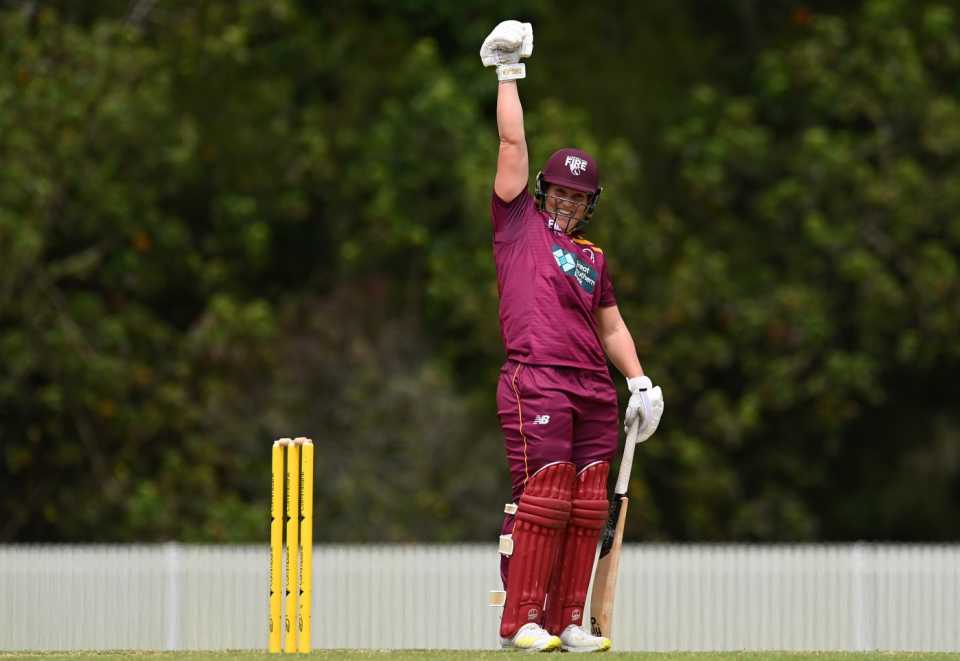 Laura Harris celebrates the fastest ever century in WNCL history off just 50 balls, Queensland vs ACT, WNCL, Gold Coast, October 1, 2022