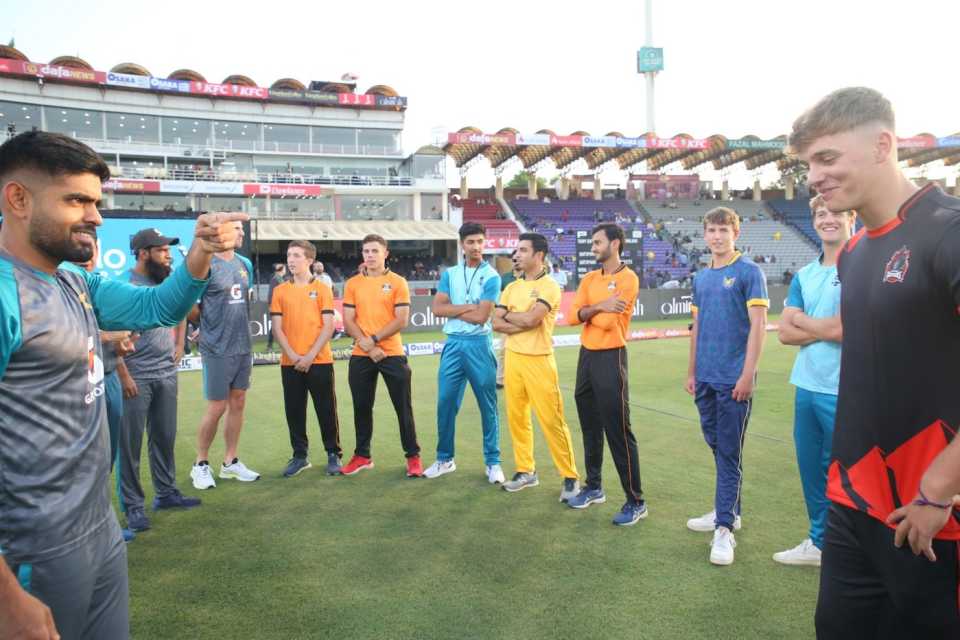 Babar Azam interacts with some of the overseas PJL players at the Gaddafi Stadium, Lahore, October 2, 2022