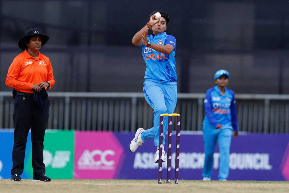 Meghna Singh could bowl all of two deliveries in the rain-affected contest, India vs Malaysia, Women's T20 Asia Cup 2022, Sylhet, October 3, 2022