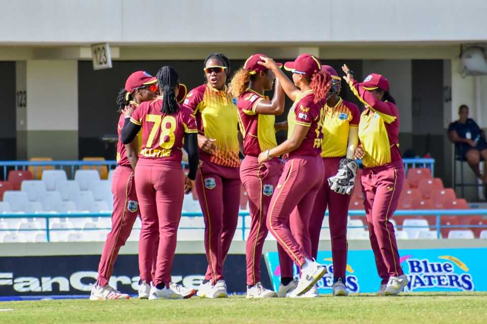 The West Indies players celebrate a wicket, West Indies vs New Zealand, 3rd women's T20I, North Sound, October 2, 2022
