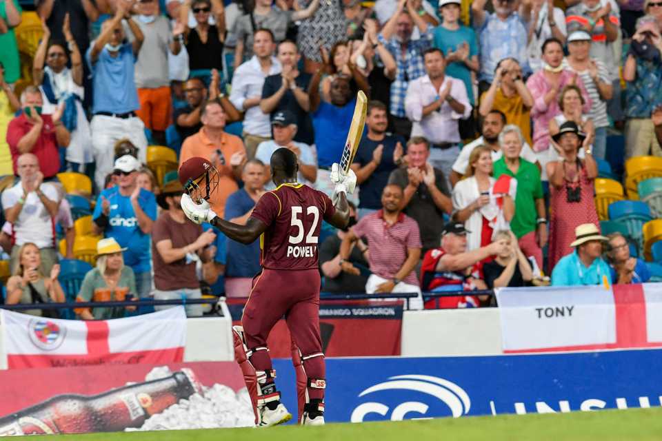 Rovman Powell acknowledges the crowd's applause, West Indies vs England, Kensington Oval, Barbados, 3rd T20I, January 26, 2022