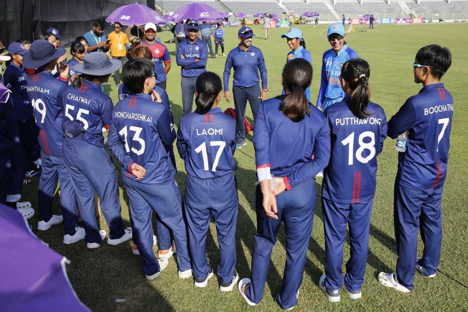 Smriti Mandhana and Jemimah Rodrigues interact with Thailand players after the match, India vs Thailand, Women's T20 Asia Cup, Sylhet, October 10, 2022