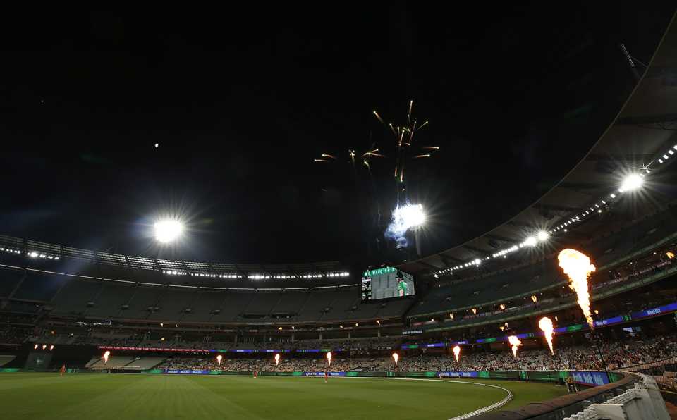 Fireworks go off as a six is hit in a BBL game, Melbourne Stars vs Perth Scorchers, BBL 2020-21, Melbourne, January 23, 2021