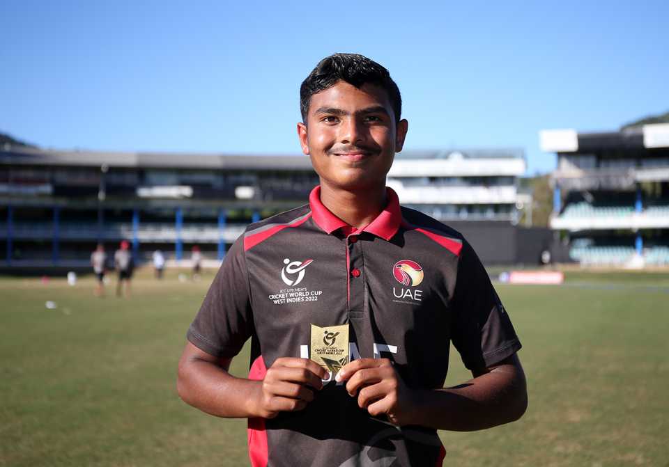 Aayan Afzal Khan poses with his Player-of-the-Match trophy, UAE U-19 vs West Indies U-19, Under-19 World Cup, 9th place playoff semi-final, Port-of-Spain, January 27, 2022