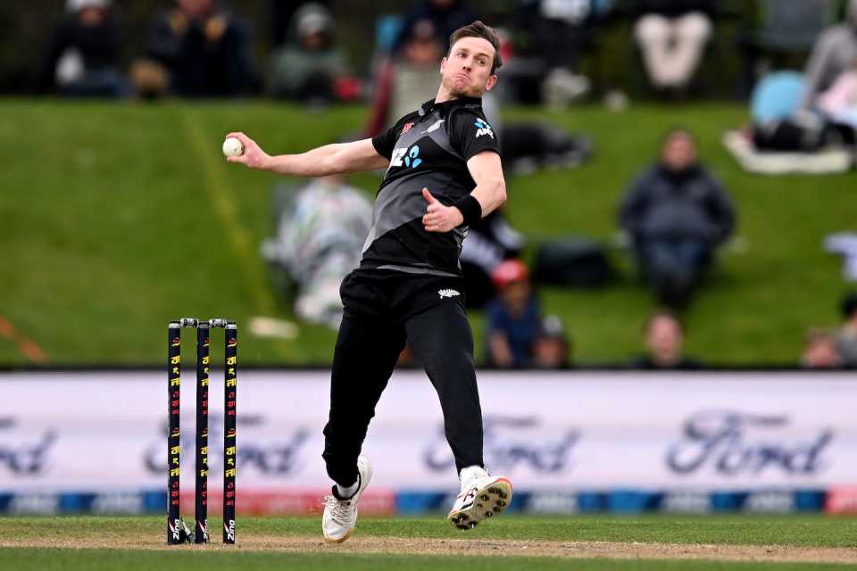 Adam Milne in his delivery stride, New Zealand v Bangladesh, 5th match, T20I tri-series, Christchurch, October 12, 2022