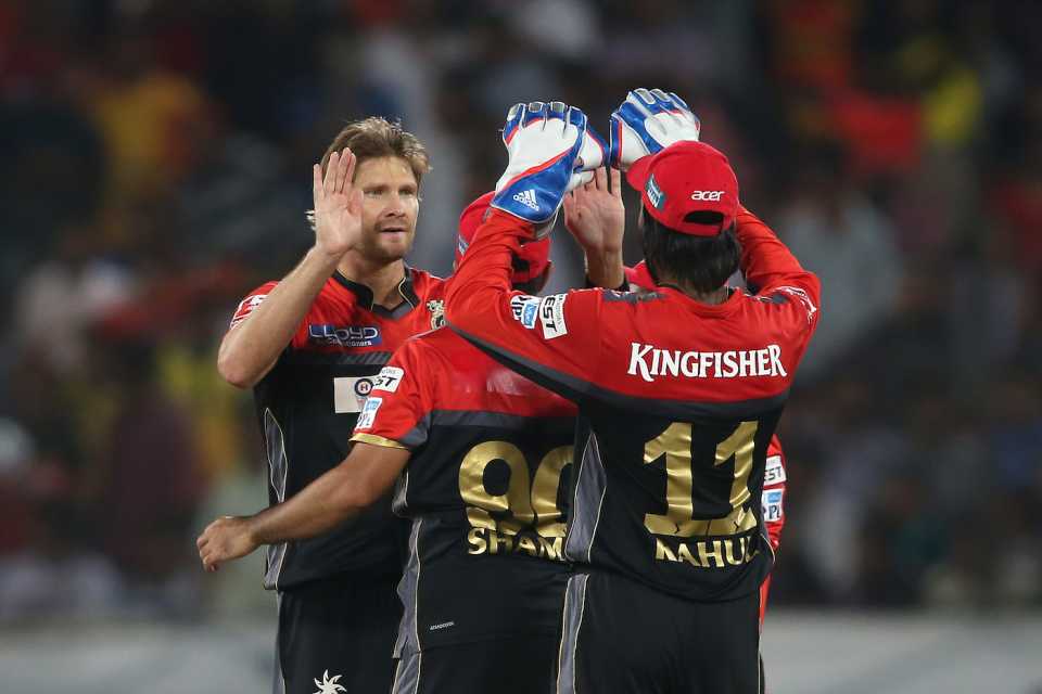 Shane Watson, Mohammed Shami and KL Rahul celebrate a wicket

Caption/Description: Shane Watson of Royal Challengers Bangalore and KL Rahul of Royal Challengers Bangalore celebrate getting Kane Williamson of Sunrisers Hyderabad wicket during match 27 of the Vivo IPL 2016 (Indian Premier League) between the Sunrisers Hyderabad and the Royal Challengers Bangalore held at the Rajiv Gandhi Intl. Cricket Stadium, Hyderabad on the 30th April 2016