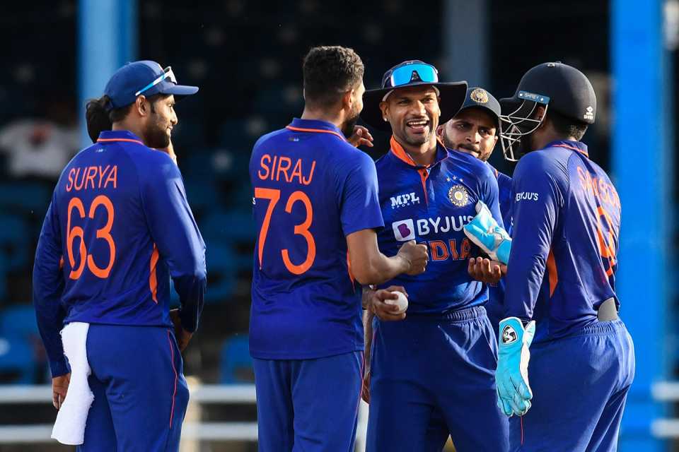 Suryakumar Yadav, Mohammed Siraj, Shikhar Dhawan, Shardul Thakur and Sanju Samson celebrate a wicket, West Indies vs India, 3rd ODI, Port of Spain, July 27, 2022