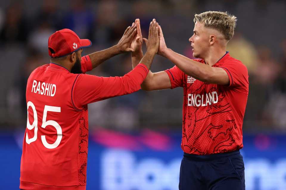 Adil Rashid and Sam Curran celebrate, Afghanistan vs England, Men's T20 World Cup 2022, Super 12s, Group 1, Perth, October 22, 2022