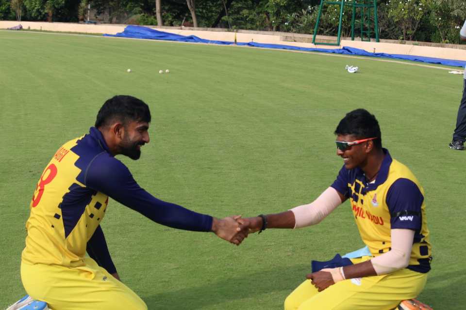 Narayan Jagadeesan and Sai Sudharsan were a happy opening pair following their 151-run stand, Haryana vs Tamil Nadu, Alur, Vijay Hazare Trophy, November 19, 2022
