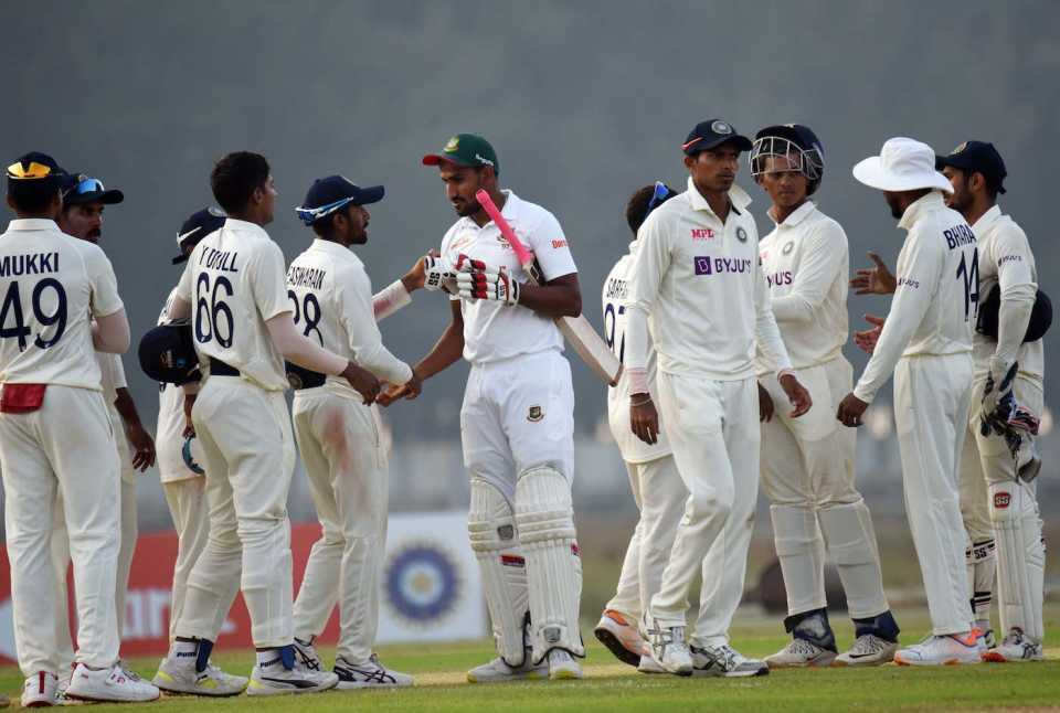 Players shake hands after Bangladesh A secured a close draw, Bangladesh A vs India A, 1st unofficial Test, 4th Day, Cox's Bazar, December 02, 2022
