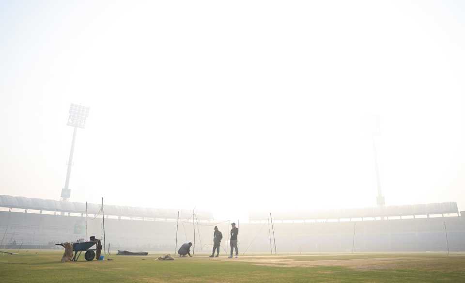 Fog grips the ground in Multan even as groundsmen get down to work
