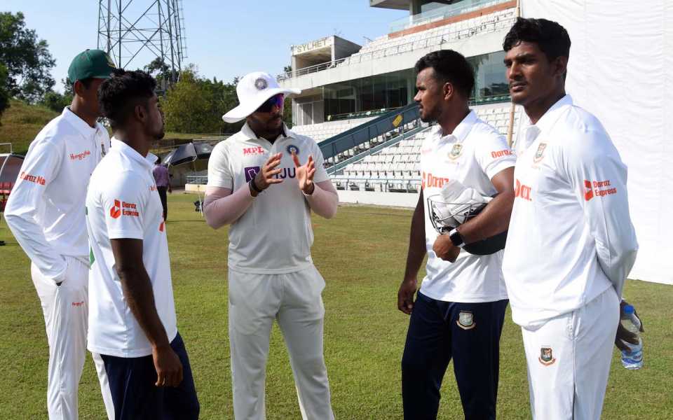 Some of the Bangladesh A quicks spend time with Umesh Yadav after the match