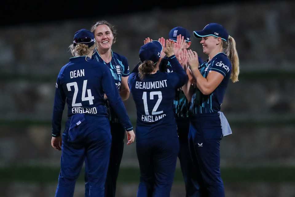 Nat Sciver is congratulated after taking a wicket
