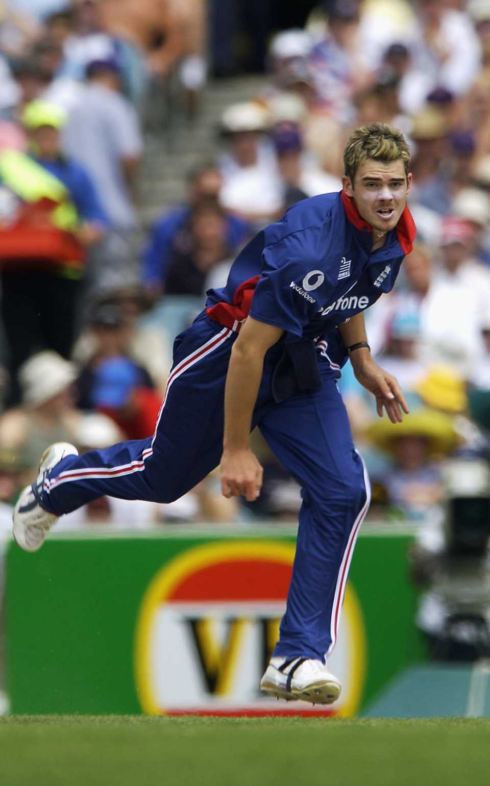 Jimmy Anderson bowls in his first international match