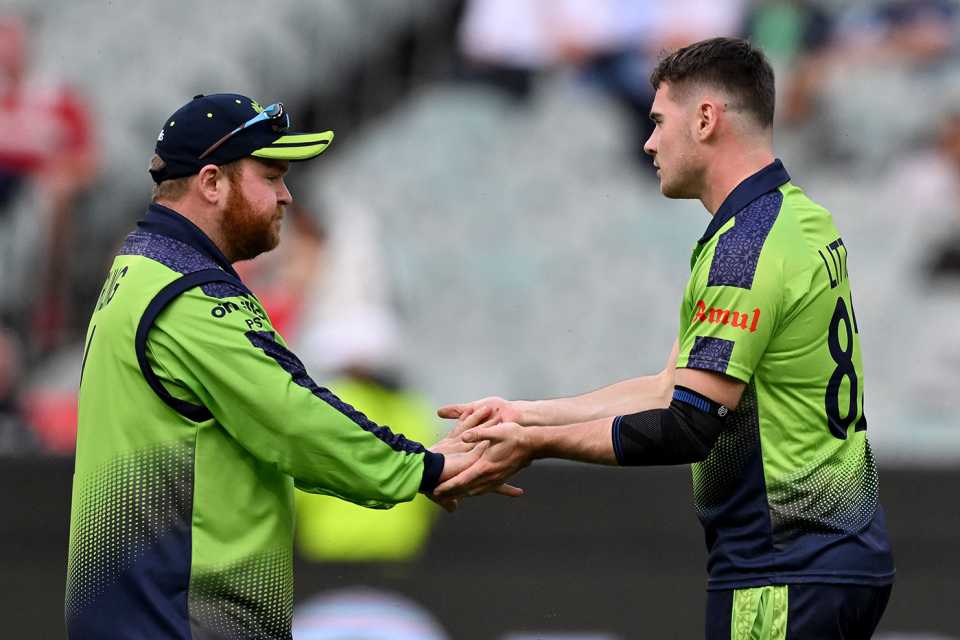 Josh Little and Paul Stirling celebrate the early wicket of Jos Buttler, England vs Ireland, ICC Men's T20 World Cup 2022, Melbourne, October 26, 2022
