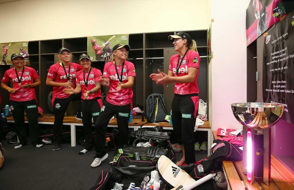 Sydney Sixers bring out the celebrations in the dressing room, Perth Scorchers v Sydney Sixers, WBBL 2017-18, final, Adelaide, February 4, 2018