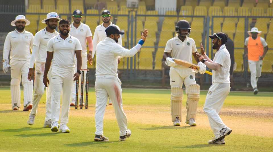 The Saurashtra players celebrate a wicket, Assam vs Saurashtra, Ranji Trophy 2022-23, 4th day, Barsapara, December 16, 2022
