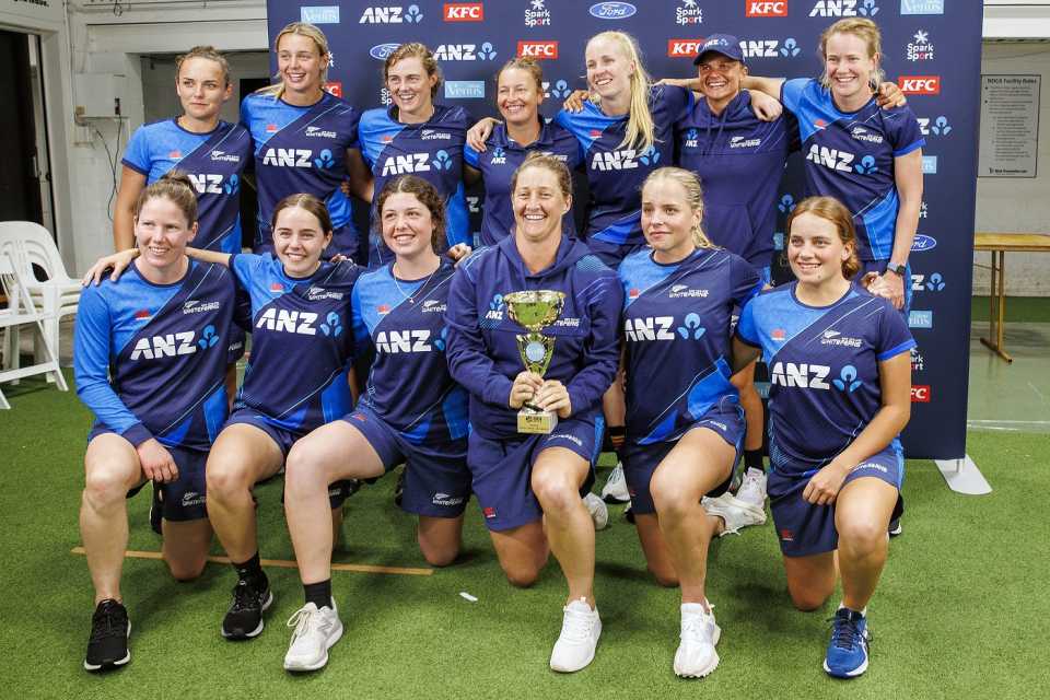New Zealand pose with the ODI trophy after series win against Bangladesh