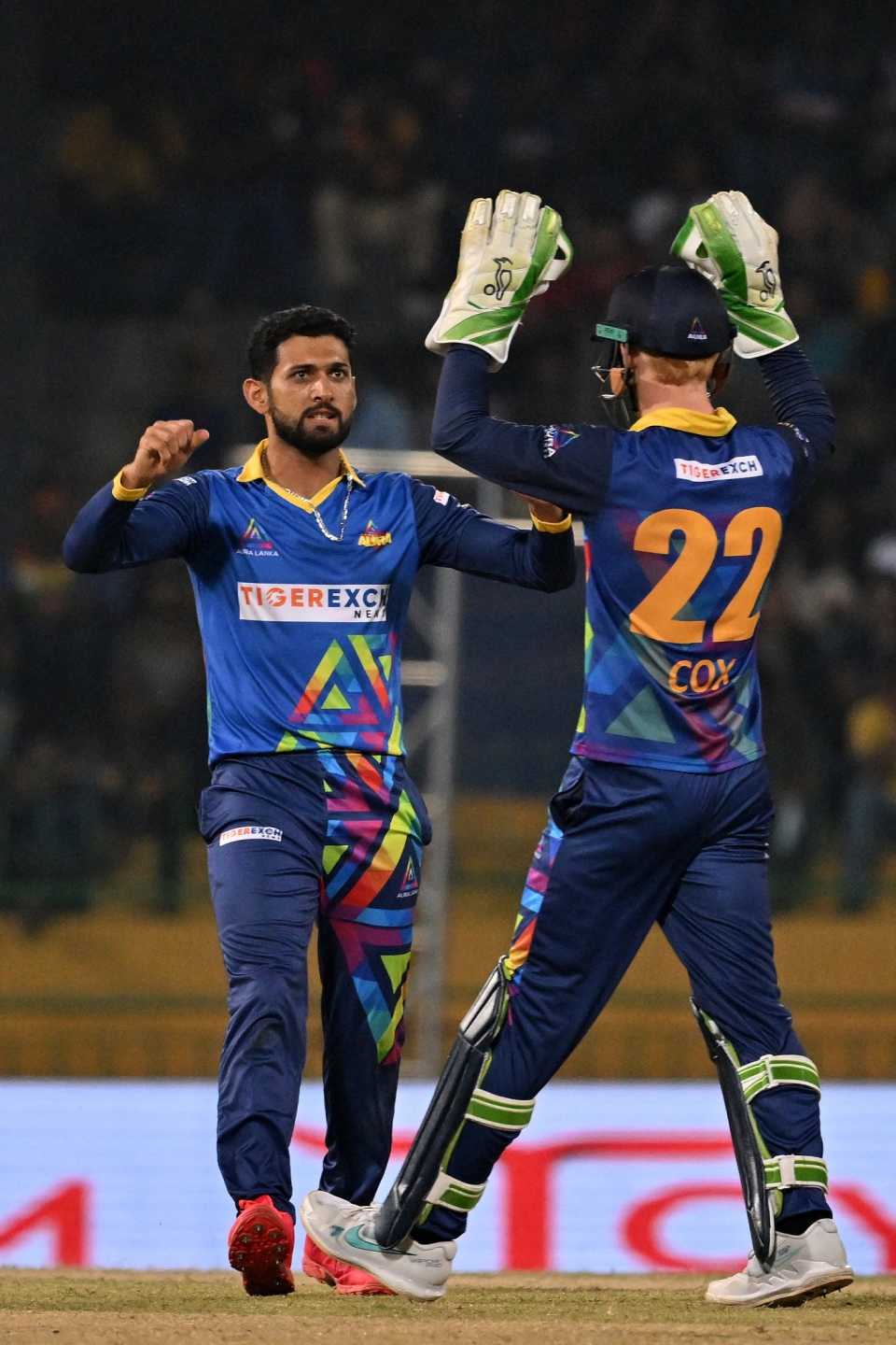 Sikandar Raza and Jordan Cox celebrate a wicket, Dambulla Aura vs Kandy Falcons, LPL 2022, Colombo, December 18, 2022
